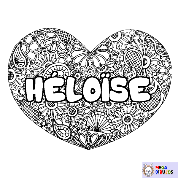 Coloración del nombre H&Eacute;LO&Iuml;SE - decorado mandala de coraz&oacute;n