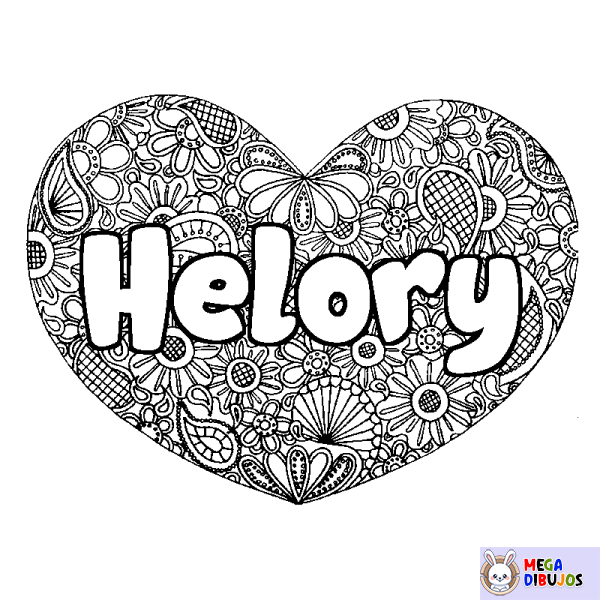 Coloración del nombre Helory - decorado mandala de coraz&oacute;n