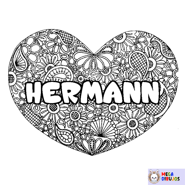 Coloración del nombre HERMANN - decorado mandala de coraz&oacute;n