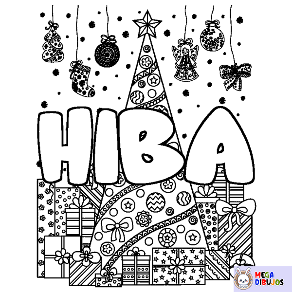 Coloración del nombre HIBA - decorado &aacute;rbol de Navidad y regalos