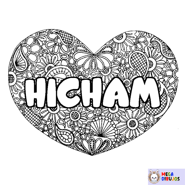 Coloración del nombre HICHAM - decorado mandala de coraz&oacute;n