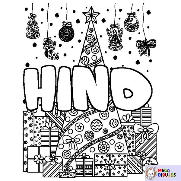 Coloración del nombre HIND - decorado &aacute;rbol de Navidad y regalos