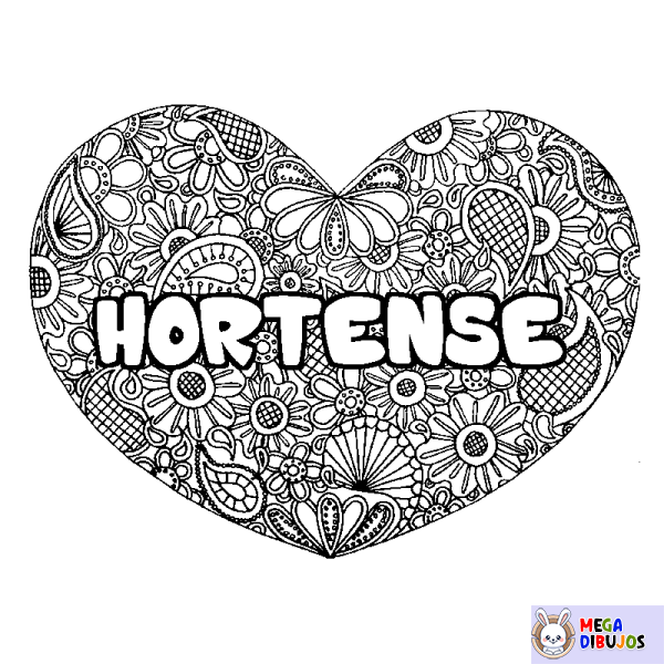 Coloración del nombre HORTENSE - decorado mandala de coraz&oacute;n