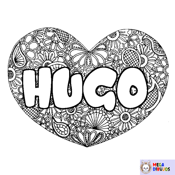 Coloración del nombre HUGO - decorado mandala de coraz&oacute;n