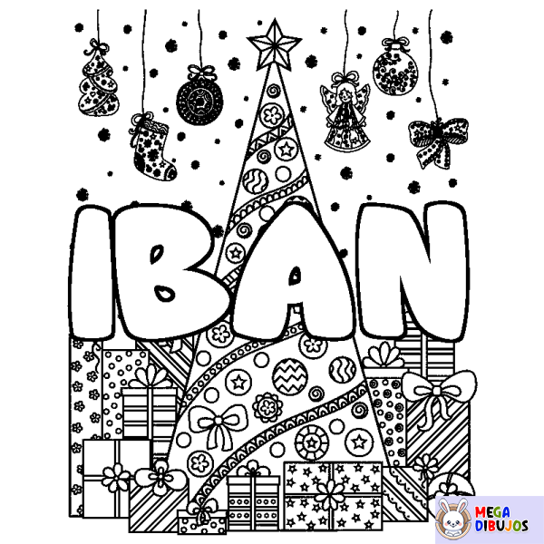 Coloración del nombre IBAN - decorado &aacute;rbol de Navidad y regalos