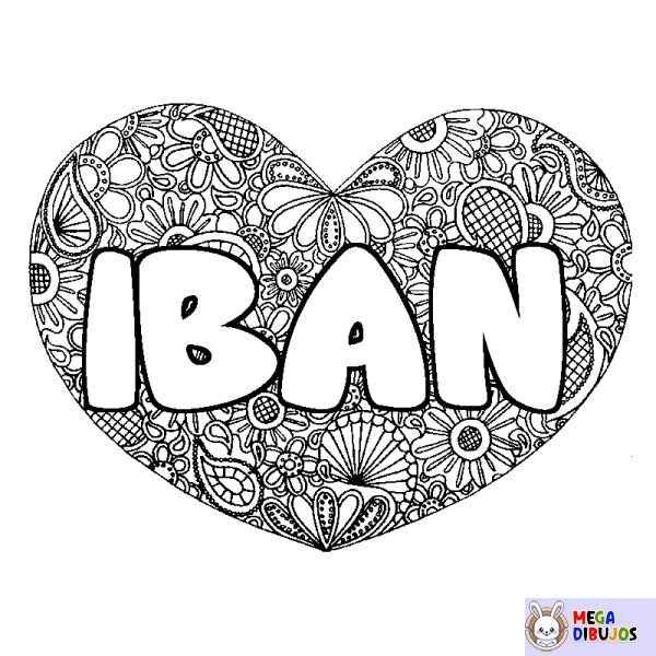 Coloración del nombre IBAN - decorado mandala de coraz&oacute;n