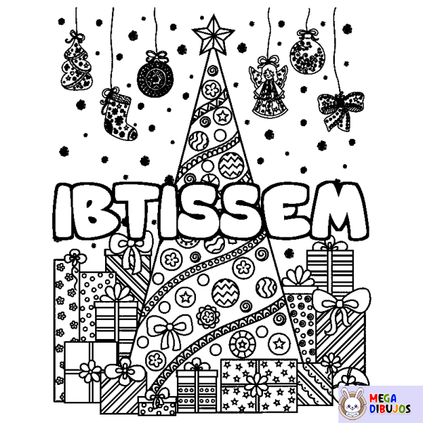 Coloración del nombre IBTISSEM - decorado &aacute;rbol de Navidad y regalos