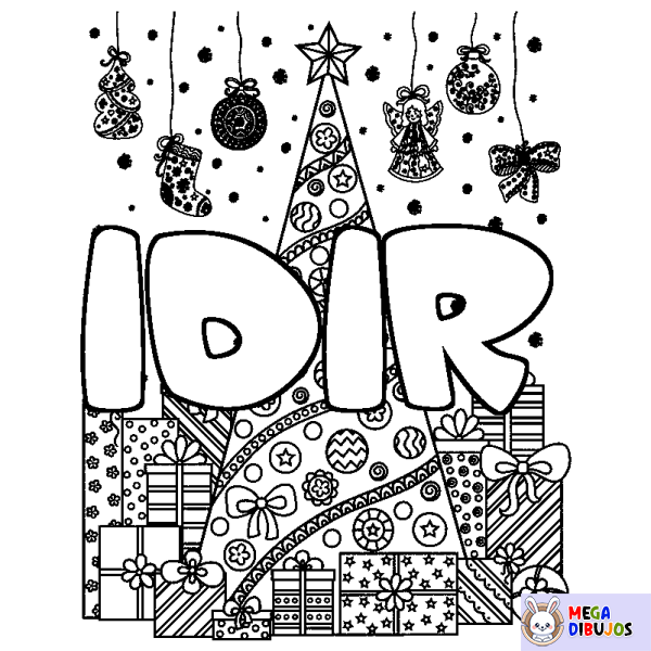 Coloración del nombre IDIR - decorado &aacute;rbol de Navidad y regalos