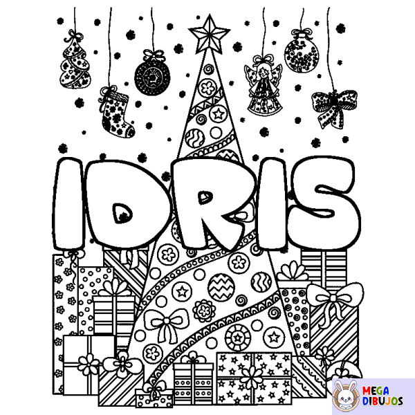 Coloración del nombre IDRIS - decorado &aacute;rbol de Navidad y regalos