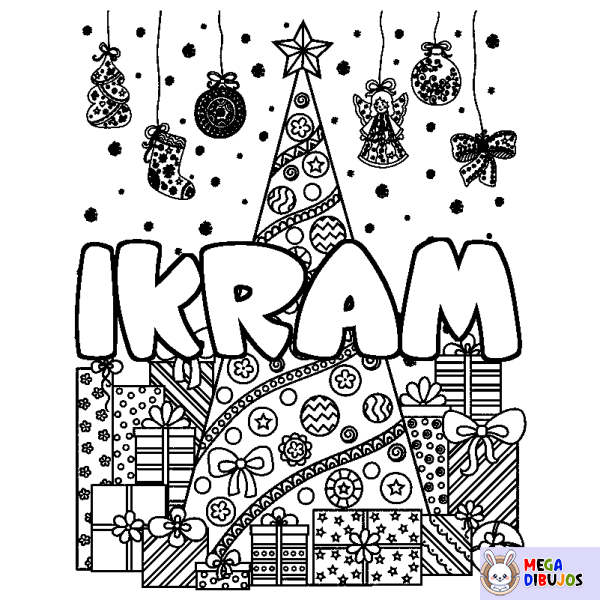 Coloración del nombre IKRAM - decorado &aacute;rbol de Navidad y regalos