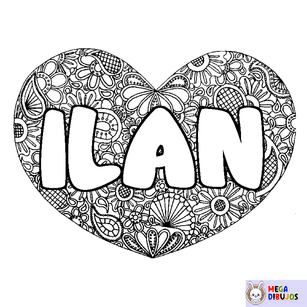 Coloración del nombre ILAN - decorado mandala de coraz&oacute;n