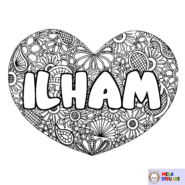Coloración del nombre ILHAM - decorado mandala de coraz&oacute;n