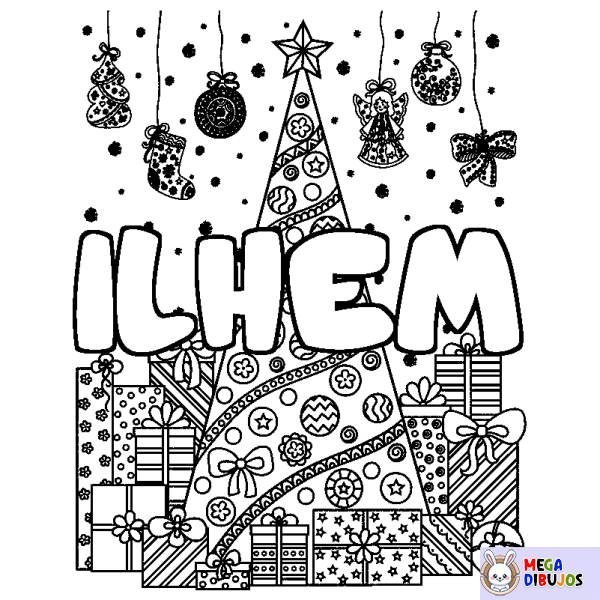 Coloración del nombre ILHEM - decorado &aacute;rbol de Navidad y regalos