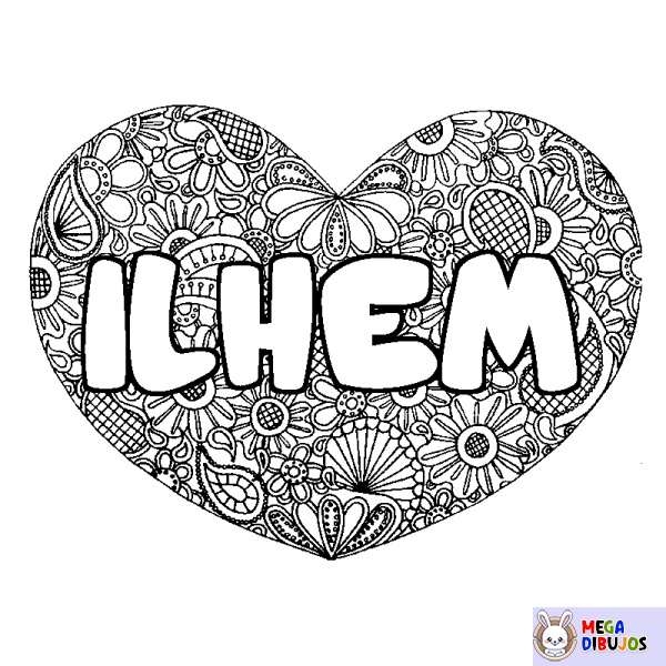 Coloración del nombre ILHEM - decorado mandala de coraz&oacute;n