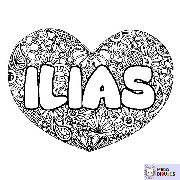 Coloración del nombre ILIAS - decorado mandala de coraz&oacute;n