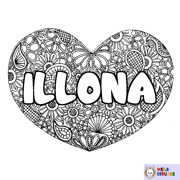 Coloración del nombre ILLONA - decorado mandala de coraz&oacute;n