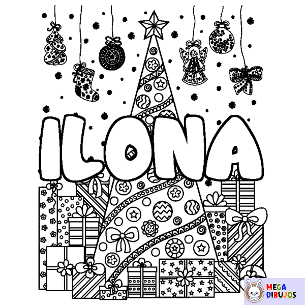 Coloración del nombre ILONA - decorado &aacute;rbol de Navidad y regalos