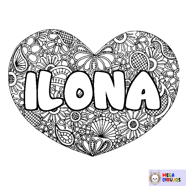 Coloración del nombre ILONA - decorado mandala de coraz&oacute;n