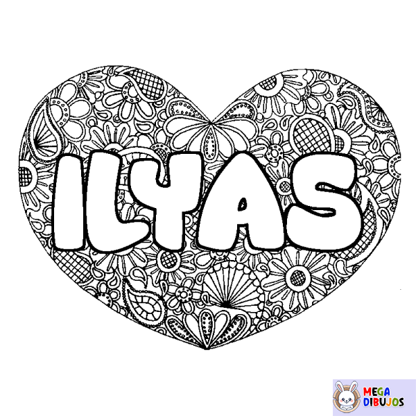 Coloración del nombre ILYAS - decorado mandala de coraz&oacute;n