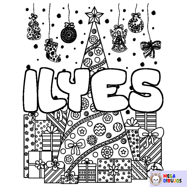 Coloración del nombre ILYES - decorado &aacute;rbol de Navidad y regalos