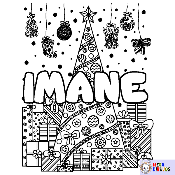 Coloración del nombre IMANE - decorado &aacute;rbol de Navidad y regalos