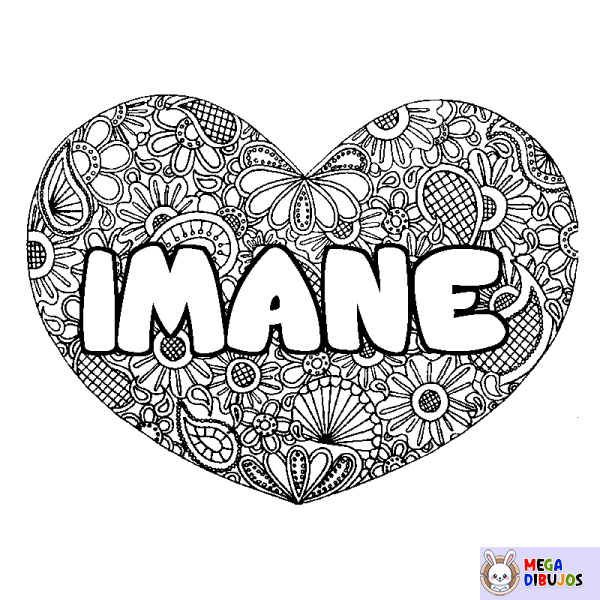 Coloración del nombre IMANE - decorado mandala de coraz&oacute;n