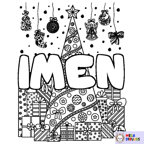 Coloración del nombre IMEN - decorado &aacute;rbol de Navidad y regalos