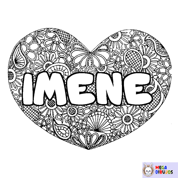 Coloración del nombre IMENE - decorado mandala de coraz&oacute;n