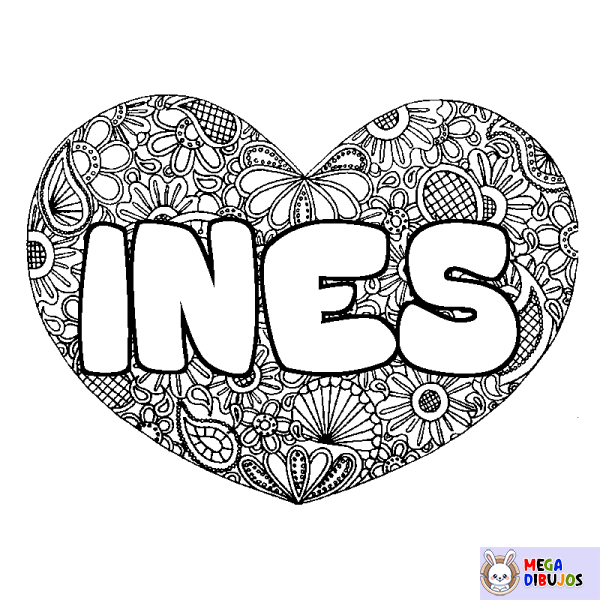 Coloración del nombre INES - decorado mandala de coraz&oacute;n