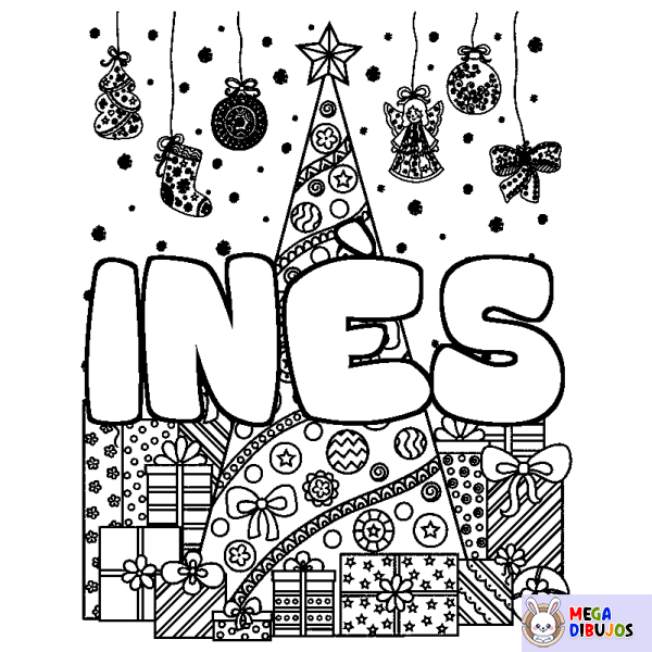 Coloración del nombre IN&Egrave;S - decorado &aacute;rbol de Navidad y regalos