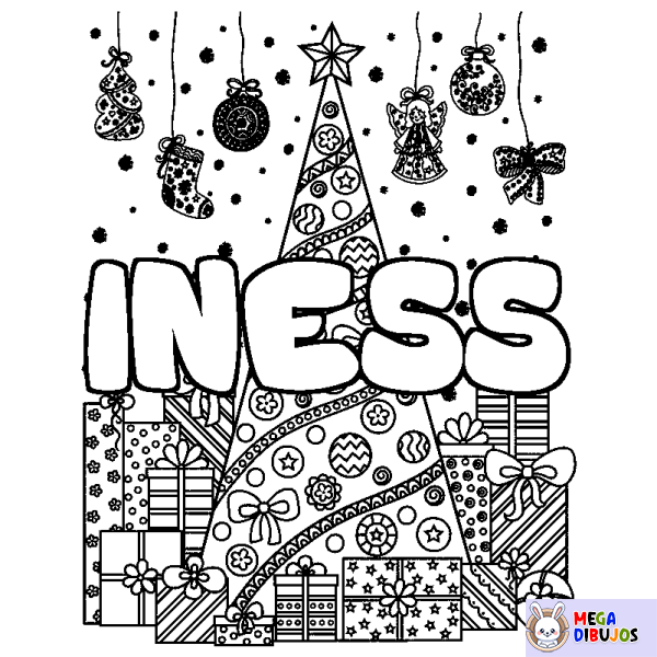 Coloración del nombre INESS - decorado &aacute;rbol de Navidad y regalos