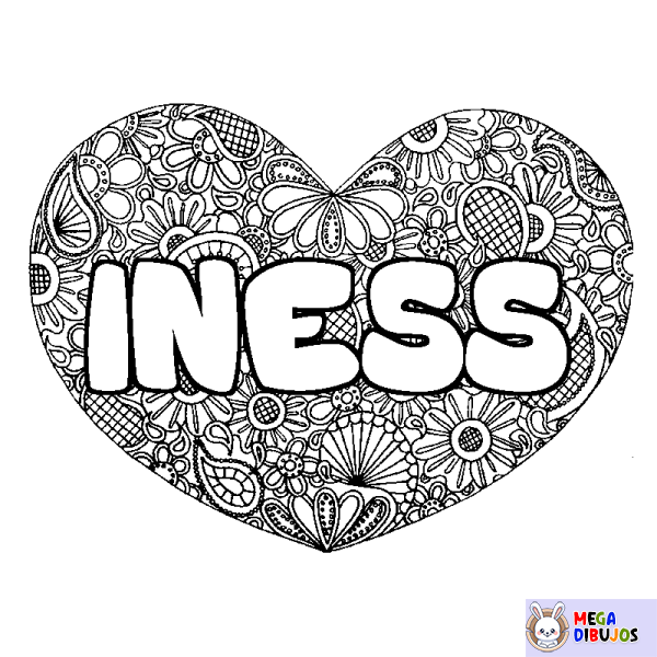 Coloración del nombre INESS - decorado mandala de coraz&oacute;n