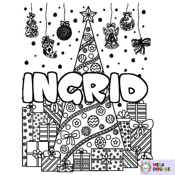 Coloración del nombre INGRID - decorado &aacute;rbol de Navidad y regalos