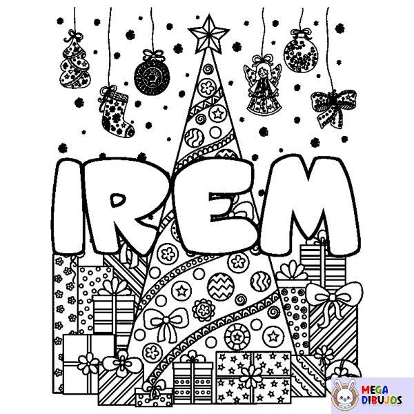 Coloración del nombre IREM - decorado &aacute;rbol de Navidad y regalos