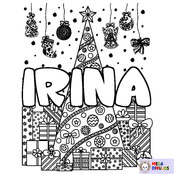 Coloración del nombre IRINA - decorado &aacute;rbol de Navidad y regalos