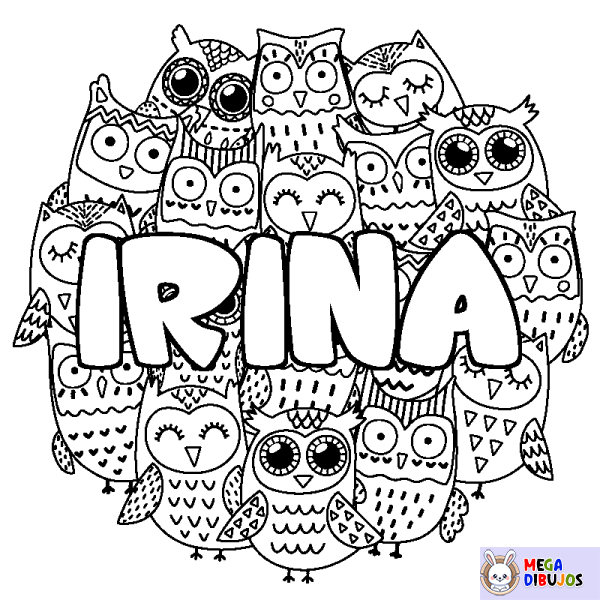 Coloración del nombre IRINA - decorado b&uacute;hos