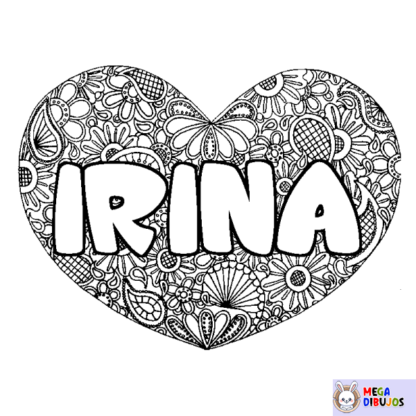 Coloración del nombre IRINA - decorado mandala de coraz&oacute;n