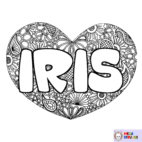 Coloración del nombre IRIS - decorado mandala de coraz&oacute;n