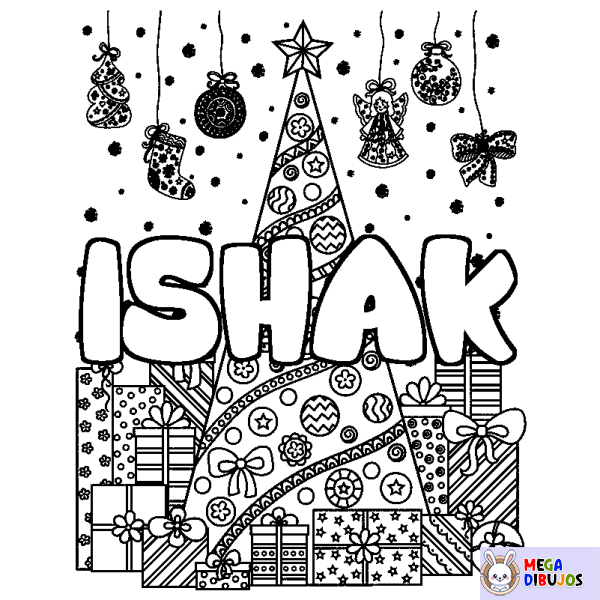 Coloración del nombre ISHAK - decorado &aacute;rbol de Navidad y regalos