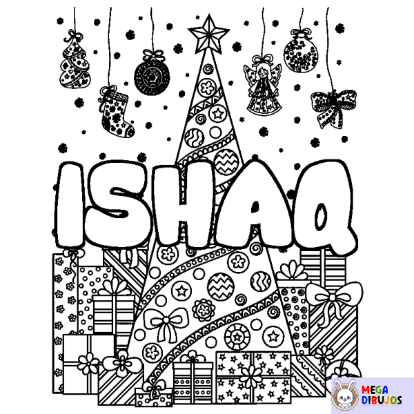 Coloración del nombre ISHAQ - decorado &aacute;rbol de Navidad y regalos