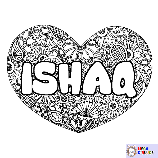 Coloración del nombre ISHAQ - decorado mandala de coraz&oacute;n