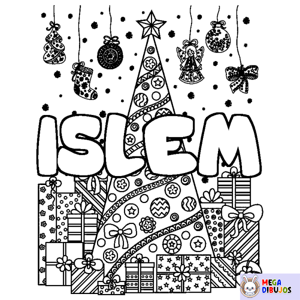 Coloración del nombre ISLEM - decorado &aacute;rbol de Navidad y regalos