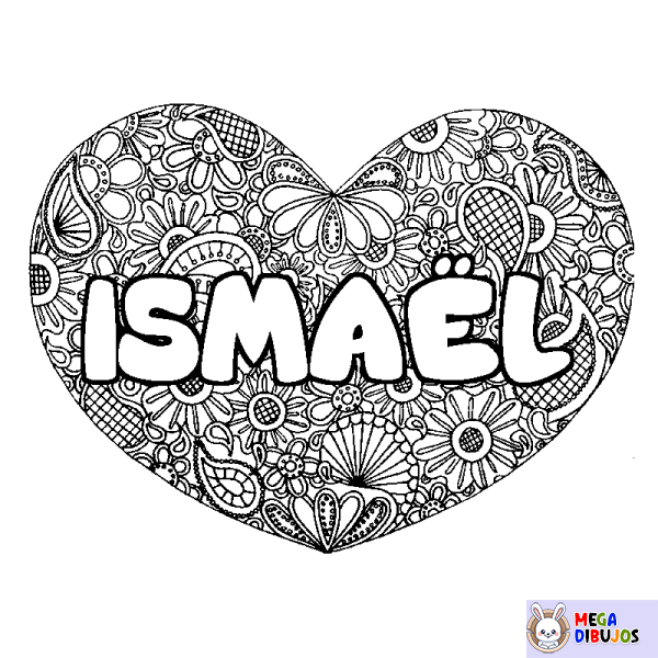 Coloración del nombre ISMA&Euml;L - decorado mandala de coraz&oacute;n