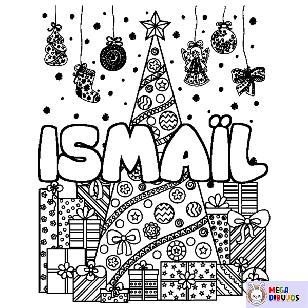 Coloración del nombre ISMA&Iuml;L - decorado &aacute;rbol de Navidad y regalos