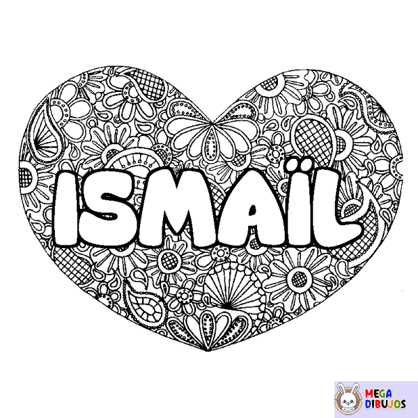 Coloración del nombre ISMA&Iuml;L - decorado mandala de coraz&oacute;n