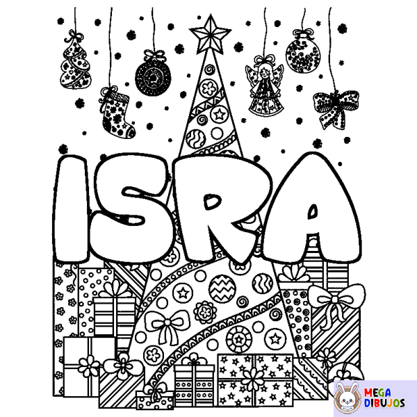 Coloración del nombre ISRA - decorado &aacute;rbol de Navidad y regalos