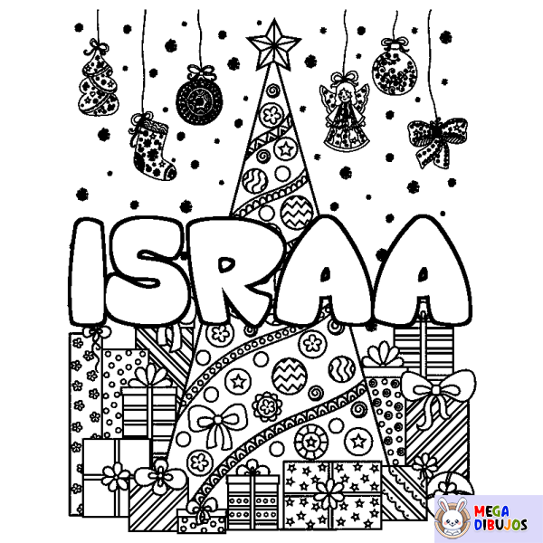 Coloración del nombre ISRAA - decorado &aacute;rbol de Navidad y regalos