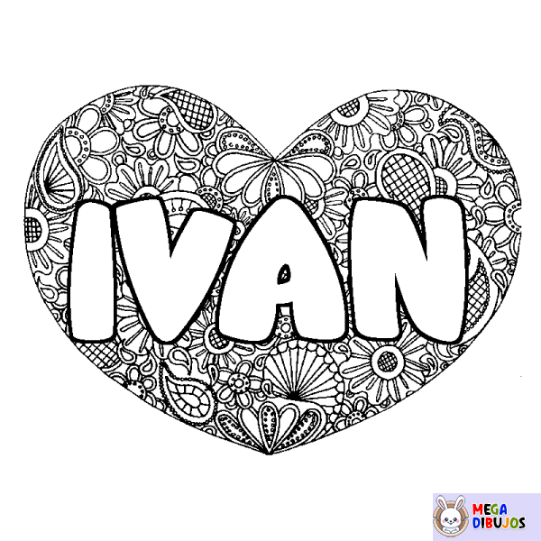 Coloración del nombre IVAN - decorado mandala de coraz&oacute;n