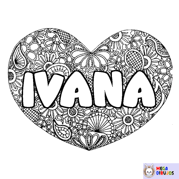Coloración del nombre IVANA - decorado mandala de coraz&oacute;n