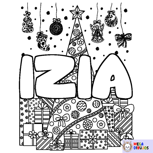 Coloración del nombre IZIA - decorado &aacute;rbol de Navidad y regalos